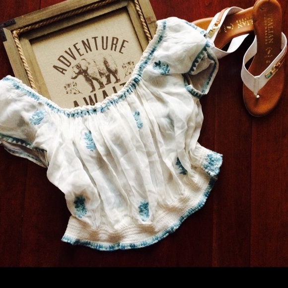 Free People Turquoise Embroidered Peasant Top - Picture 5 of 7